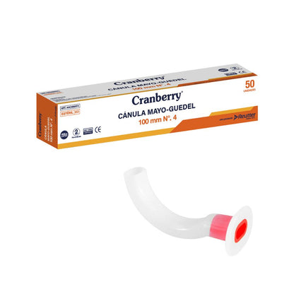 Canula Mayo 100 mm N°4: cánula blanca curvada con anillo rojo en el extremo
