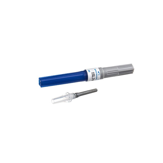 Adaptador Luer TC-450070-6M con extremo azul y tapa gris, con conector transparente