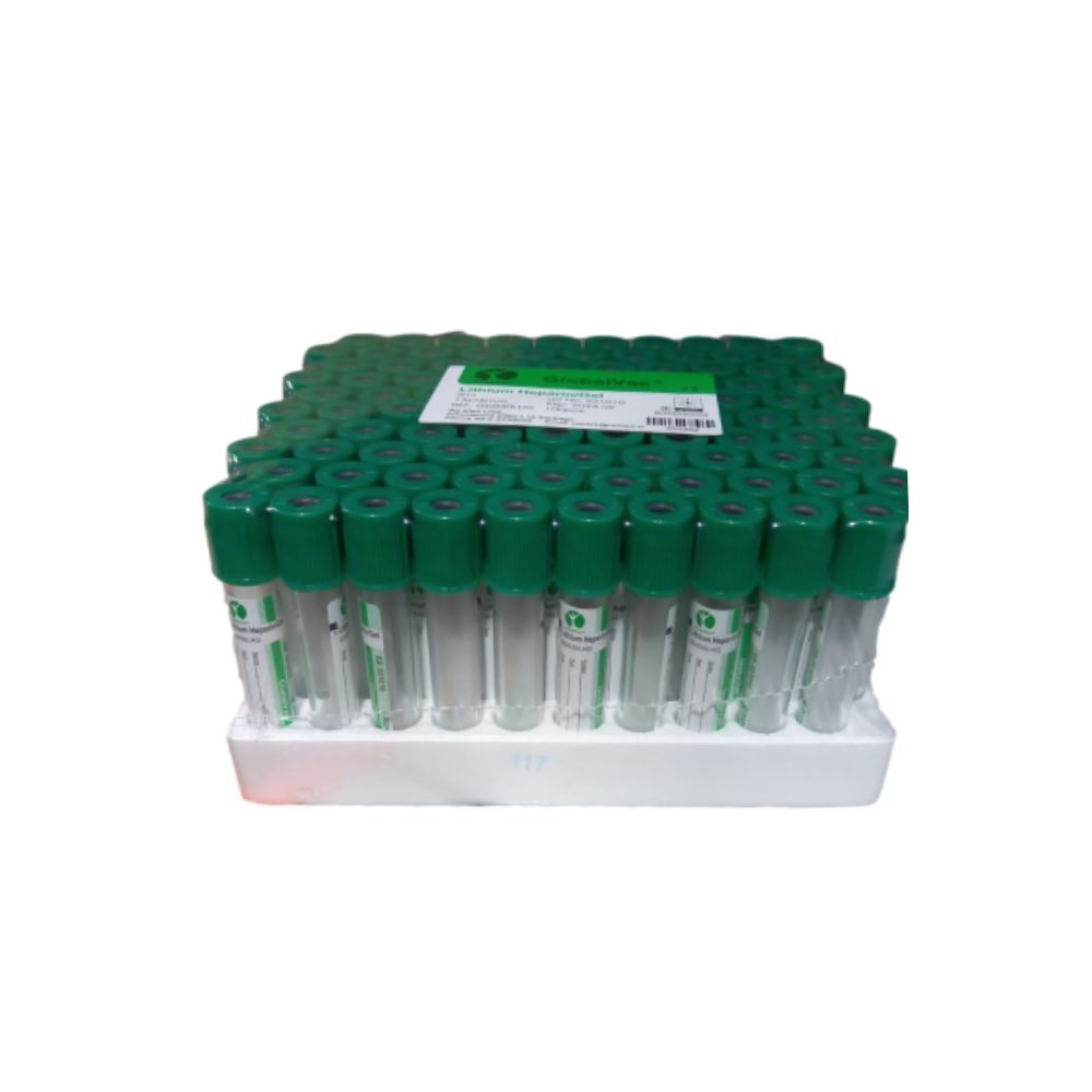 Bandeja con tubos Tapa Verde Plasma NIPRO, viales transparentes cerrados