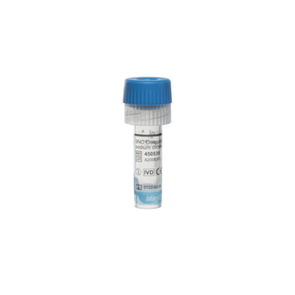 Mini Collect 1 ml con tapa celeste y cuerpo transparente, con marcas de medición