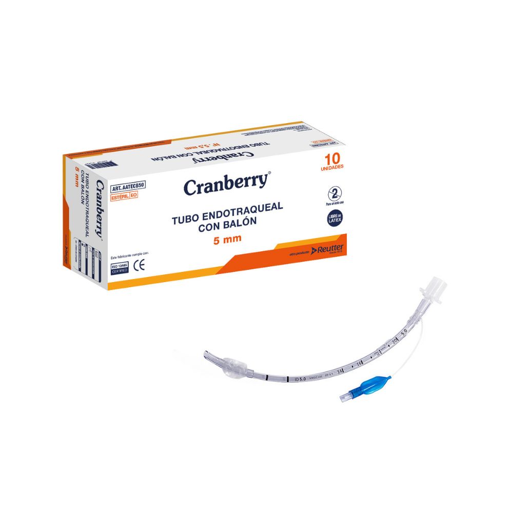Tubo endotraqueal con balón Nº 5 mm, curvado transparente con balón y conector azul