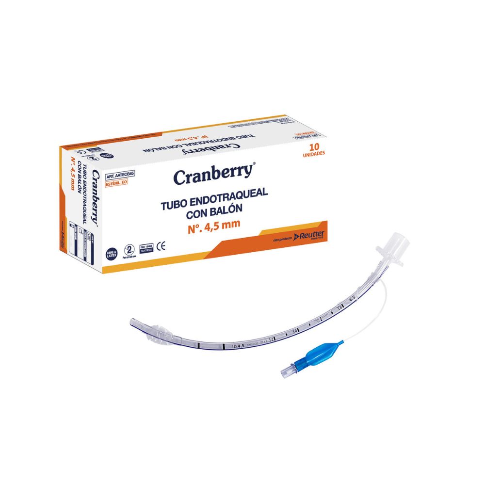 Tubo endotraqueal con balón Nº 4,5 mm, curvado transparente con línea de medida y conector azul