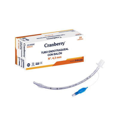 Tubo endotraqueal con balón Nº 4,5 mm, curvado transparente con línea de medida y conector azul