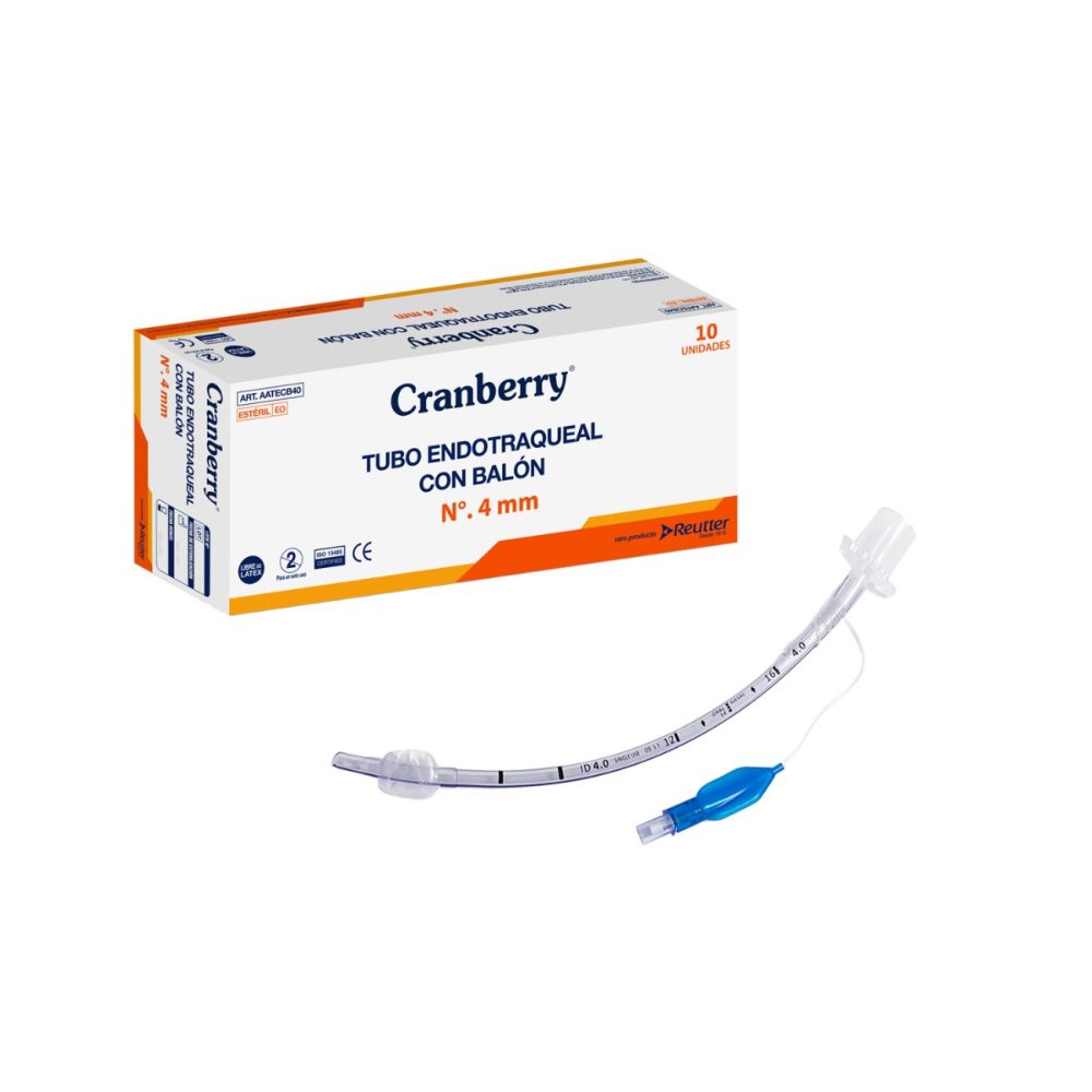 Tubo endotraqueal con balón Nº 4 mm, curvado transparente con marcas de medida y conector azul