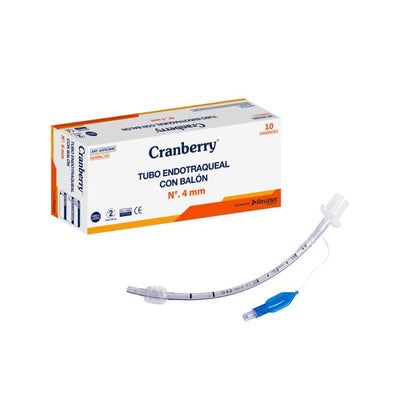Tubo endotraqueal con balón Nº 4 mm, curvado transparente con marcas de medida y conector azul