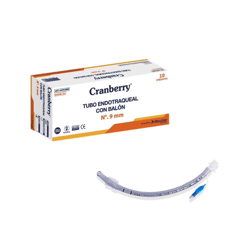 Tubo endotraqueal con balón Nº 9 mm, curvado transparente con línea de referencia y conector azul