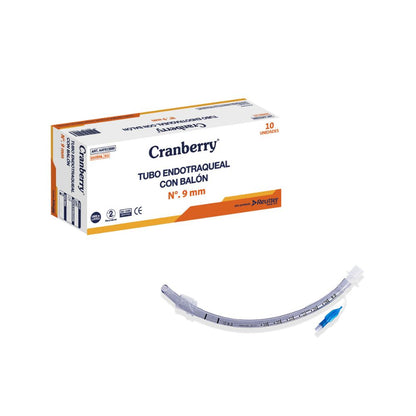 Tubo endotraqueal con balón Nº 9 mm, curvado transparente con línea de referencia y conector azul
