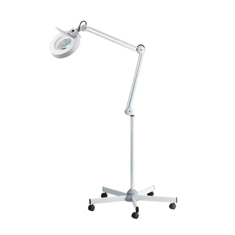 Lámpara lupa con luz en trípode, brazo articulado y base con ruedas
