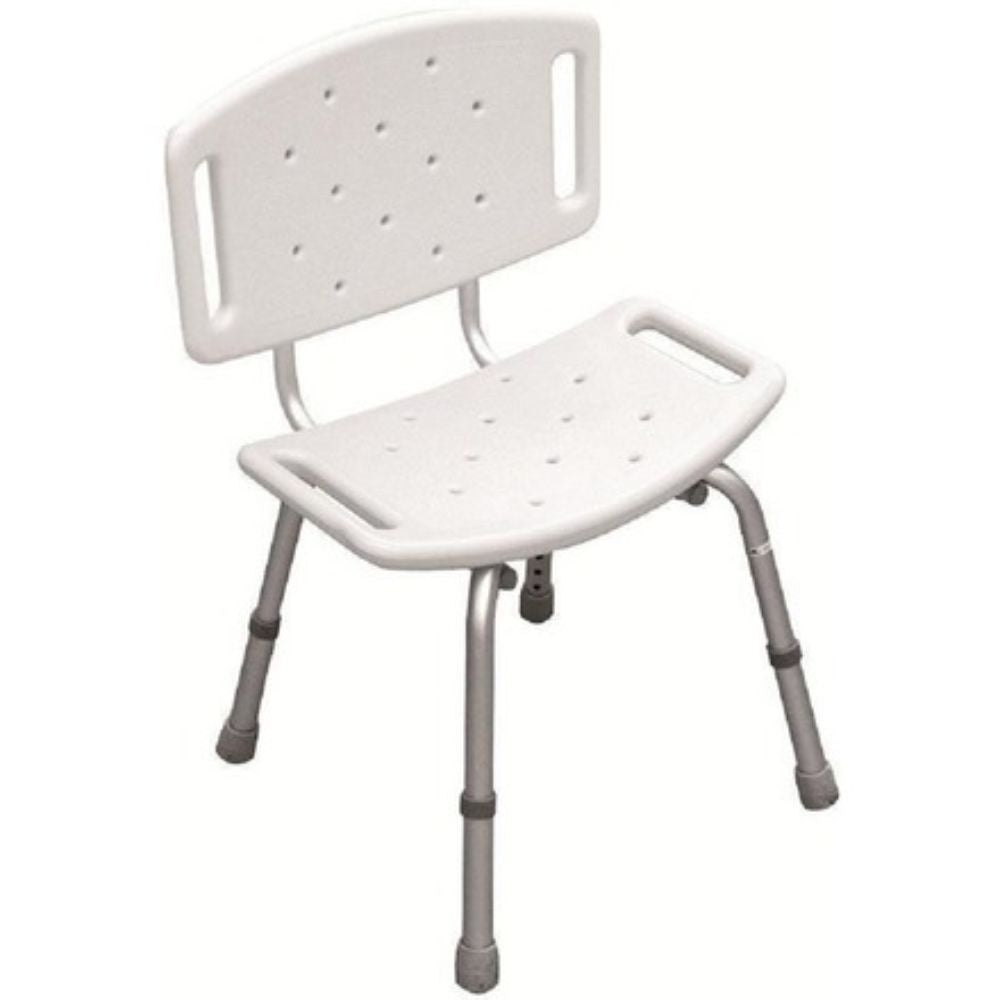 Piso con respaldo: silla de ducha con asiento perforado y patas metálicas grises