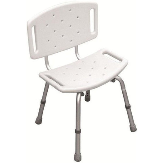 Piso con respaldo: silla de ducha con asiento perforado y patas metálicas grises
