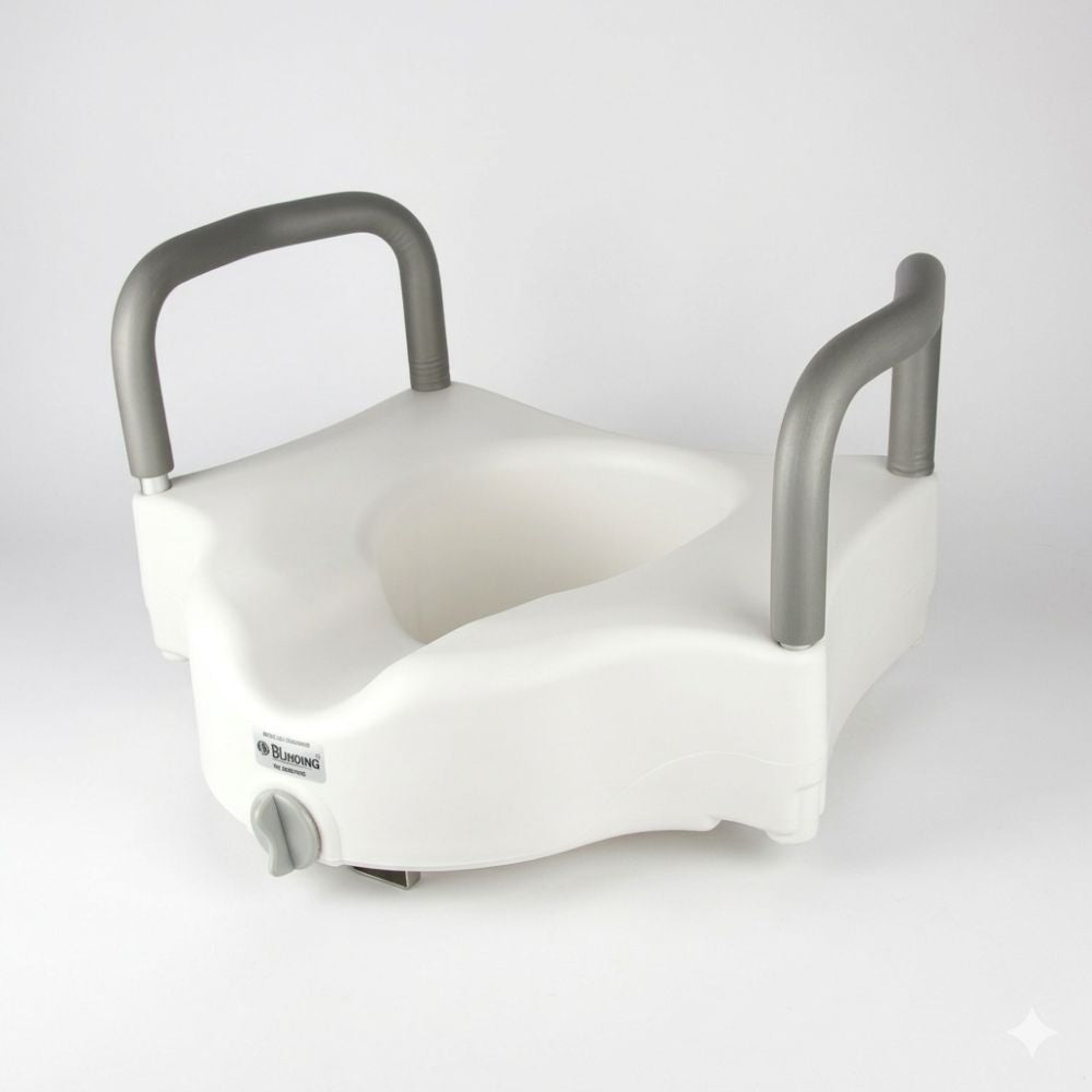 Alza de baño blanca con soporte de brazos y base ancha
