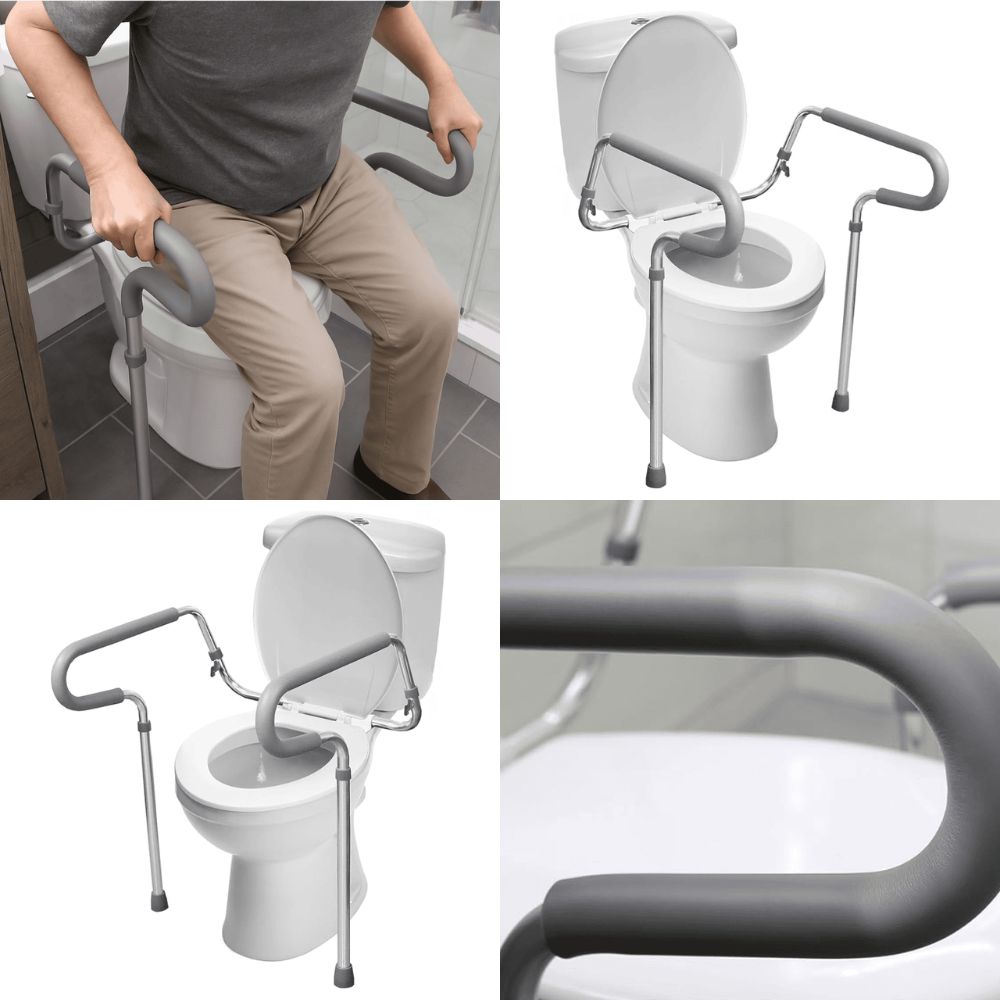 Baranda WC: asiento elevado con asas laterales y barras de apoyo para transferencia