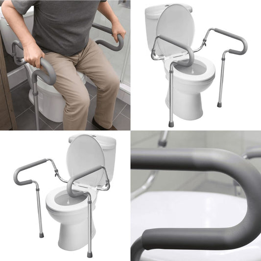 Baranda WC: asiento elevado con asas laterales y barras de apoyo para transferencia