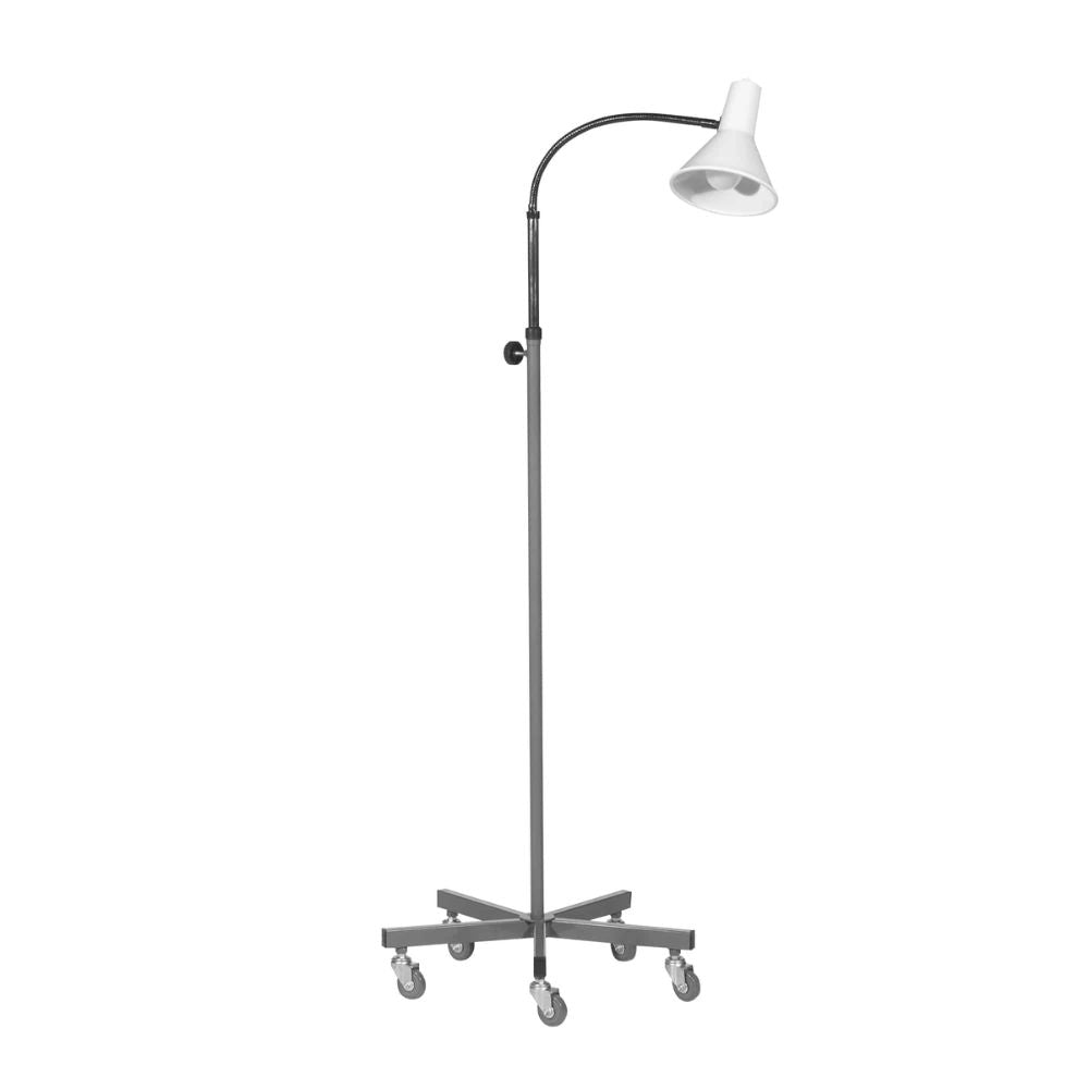Lámpara de cuello flexible con base sobre 5 ruedas y pantalla blanca ajustable