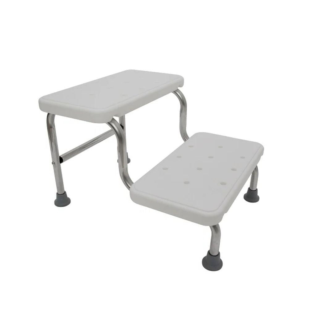 Escabel Peldaños Tina 2 peldaños: estructura metálica y peldaños blancos antideslizantes