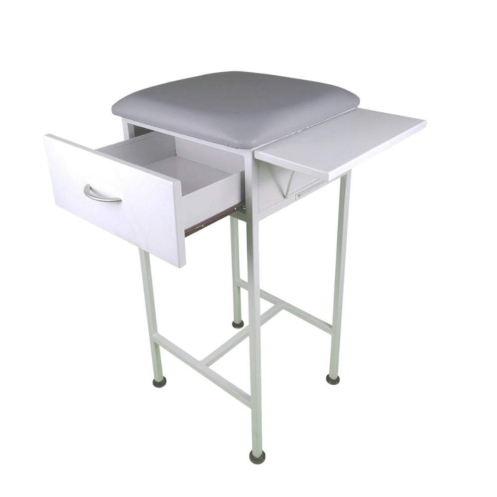 Mesa toma muestra 40x40 con cubierta gris acolchada y cajón frontal