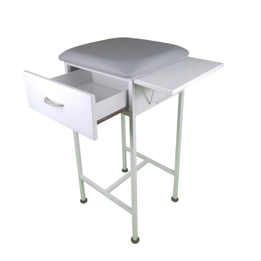Mesa toma muestra 40x40 con cubierta gris acolchada y cajón frontal
