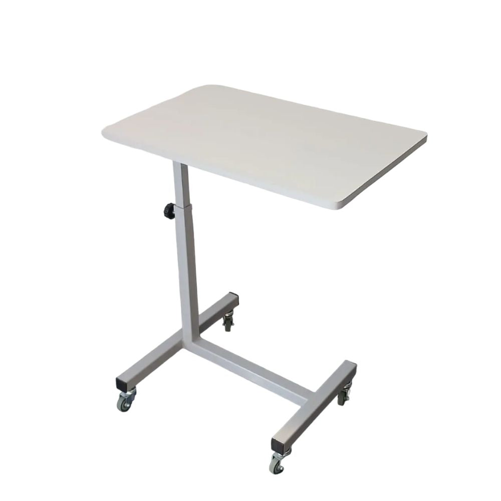 Mesa para comer y cama con tablero rectangular claro y base metálica con ruedas