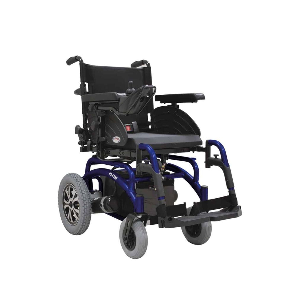 Silla de ruedas eléctrica CTM Mod. 6500, estructura azul y asiento negro con reposabrazos
