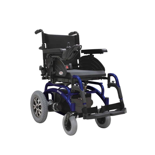 Silla de ruedas eléctrica CTM Mod. 6500, estructura azul y asiento negro con reposabrazos