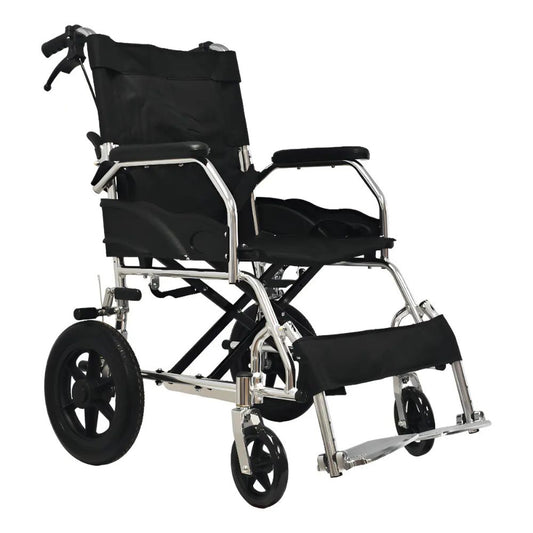 Silla de ruedas geriátrica con estructura de aluminio, respaldo y reposapiés negros