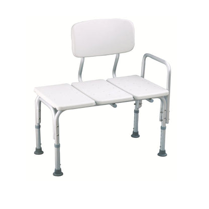 Banqueta de transferencia blanca con respaldo acolchado, asiento y barandas