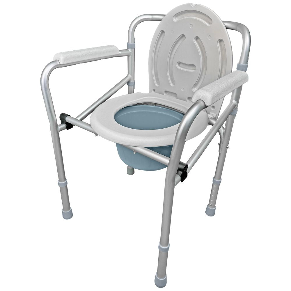 Silla de baño portátil sin ruedas con respaldo y asiento sanitario azul