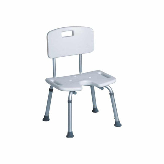 Silla de ducha con escotadura en u, respaldo y patas ajustables