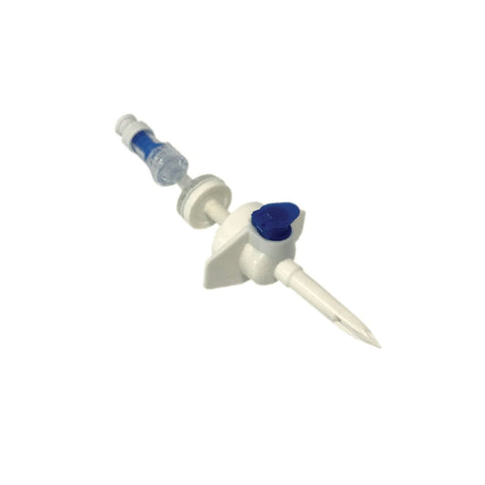 Punzon antireflujo unidireccional con válvula azul y conector blanco