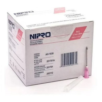 Caja de agujas hipodérmicas 18G x 1 1/2, puntas rosa, 100 unidades