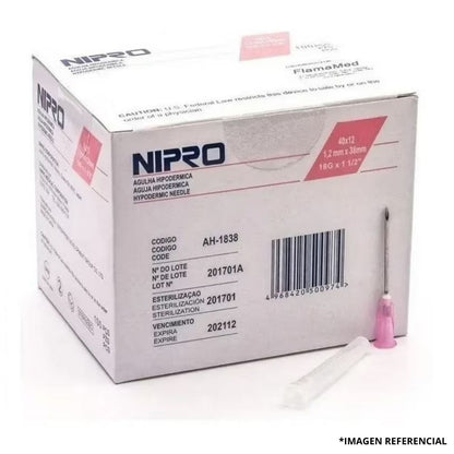 Caja de agujas hipodérmicas 18G x 1 1/2, puntas rosa, 100 unidades