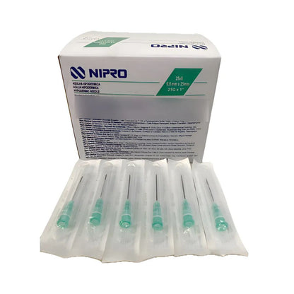 Caja y blíster de agujas hipodérmicas con protectores verdes