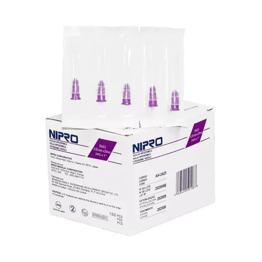 Agujas hipodérmicas con puntas metálicas y tapas moradas en estuche Nipro