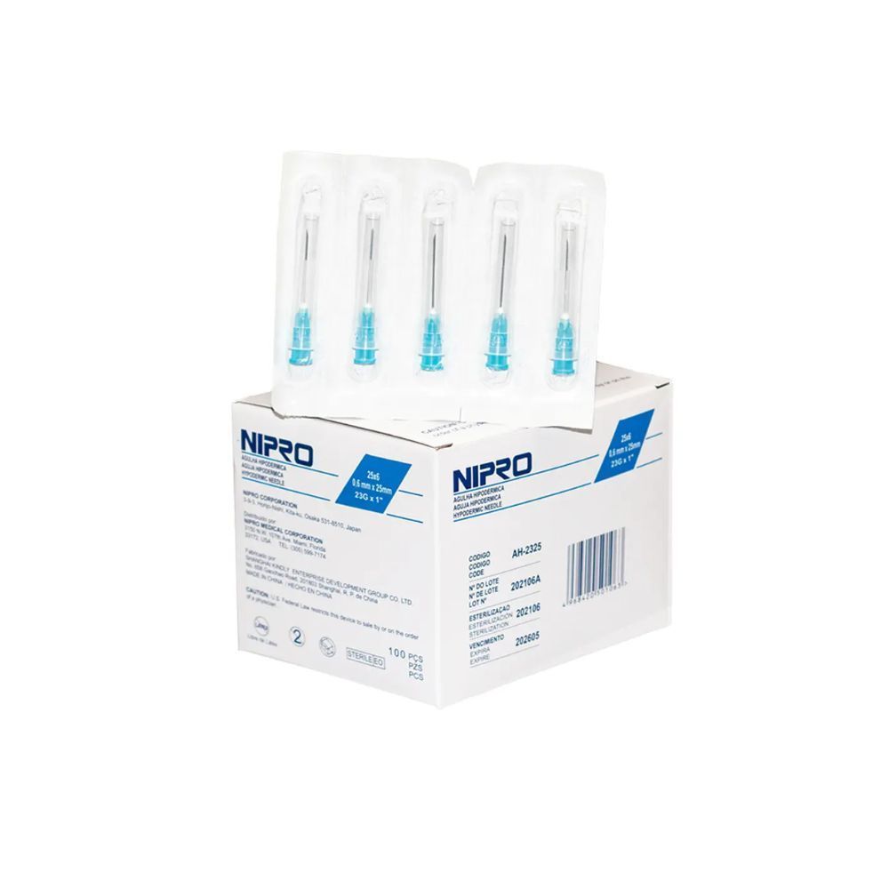 Agujas hipodérmicas con puntas metálicas y tapas azules en estuche Nipro