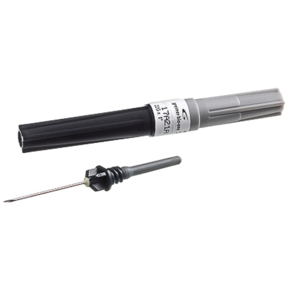 Aguja Vacuette múltiple con capuchón gris, protector negro y punta metálica