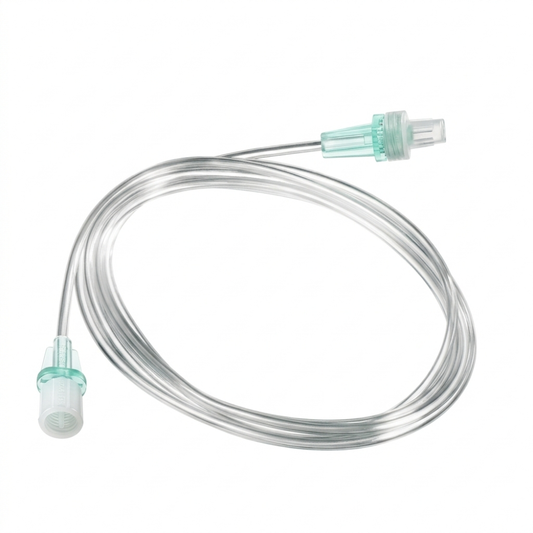 Alargador venoso 140 cm: tubo transparente con conectores verdes.