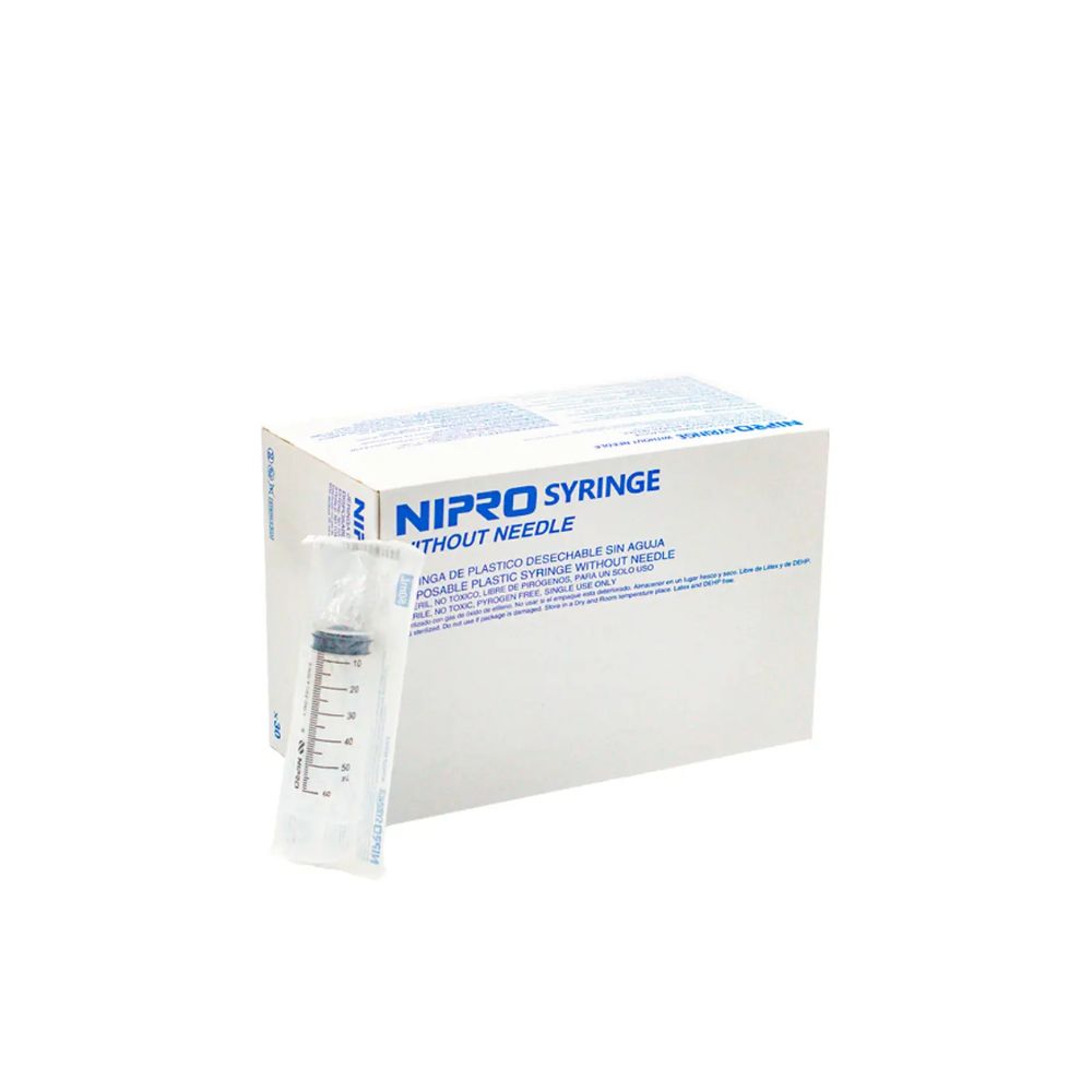Jeringa desechable Nipro 50 cc sin aguja, en estuche