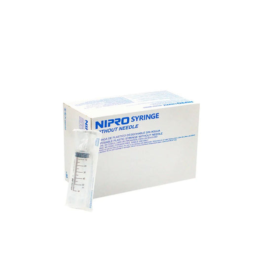 Jeringa desechable Nipro 50 cc sin aguja, en estuche