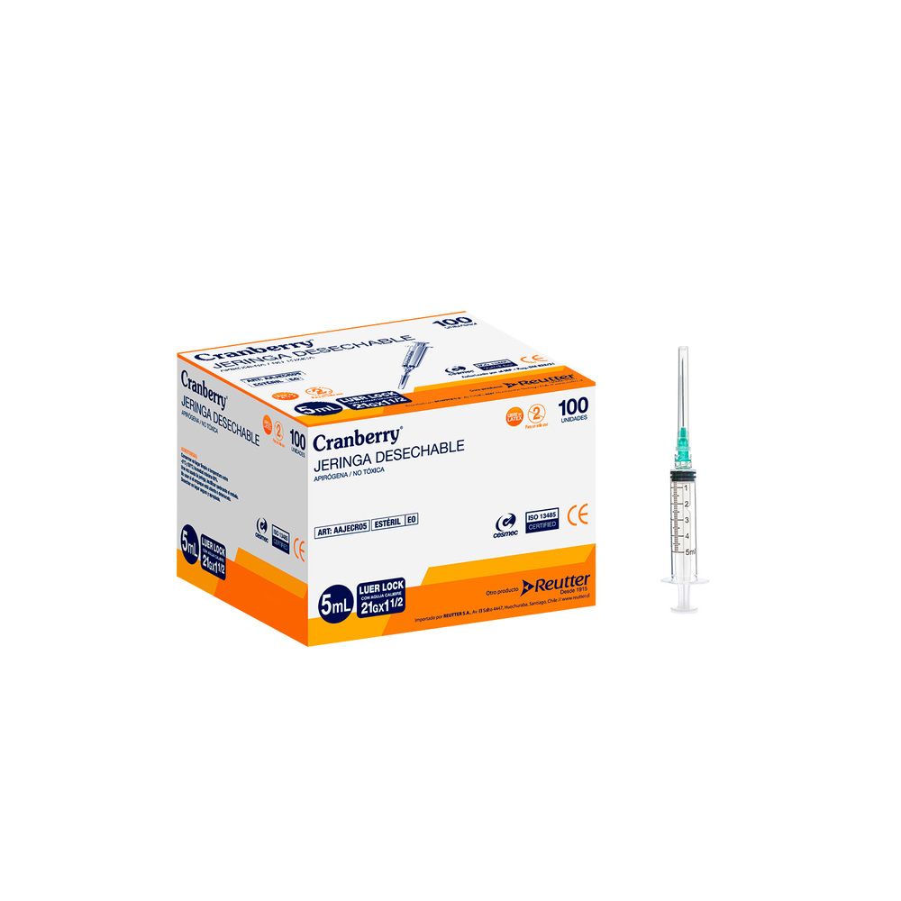 Jeringa desechable Luer Lock 5 mL, aguja 21Gx1/2, empaque