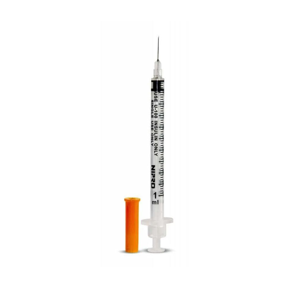 Jeringa desechable Nipro para insulina 1 ml con aguja 30G y tapón naranja