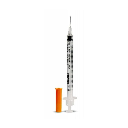 Jeringa desechable Nipro para insulina 1 ml con aguja 30G y tapón naranja
