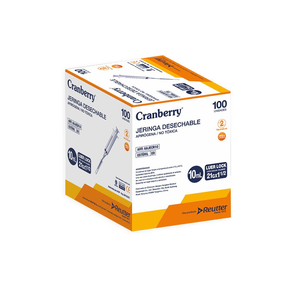 Jeringa desechable Luer Lock 10 mL, aguja 21Gx1/2, empaque