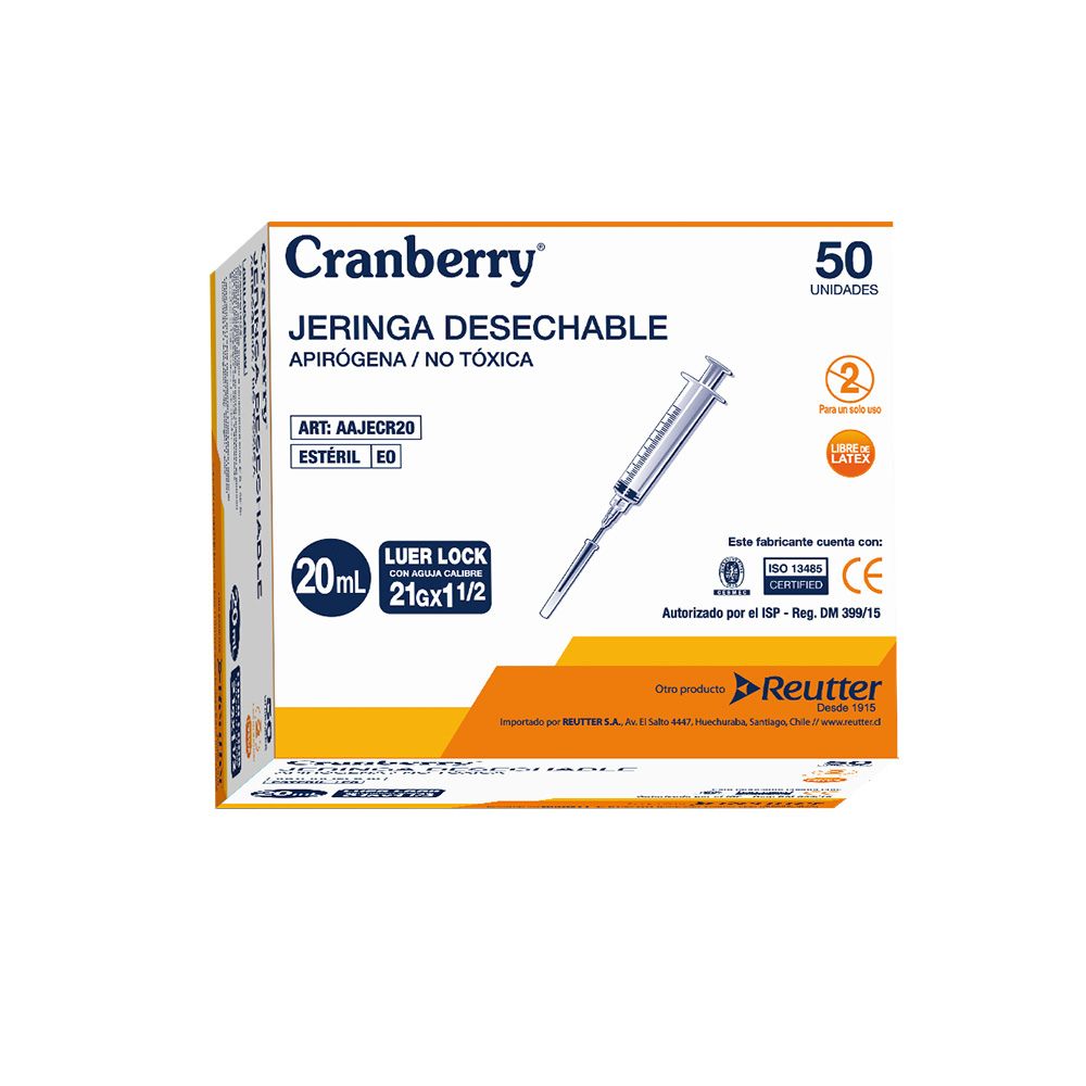 Jeringa desechable Luer Lock 20 mL, aguja 21Gx1/2, empaque
