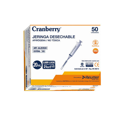 Jeringa desechable Luer Lock 20 mL, aguja 21Gx1/2, empaque