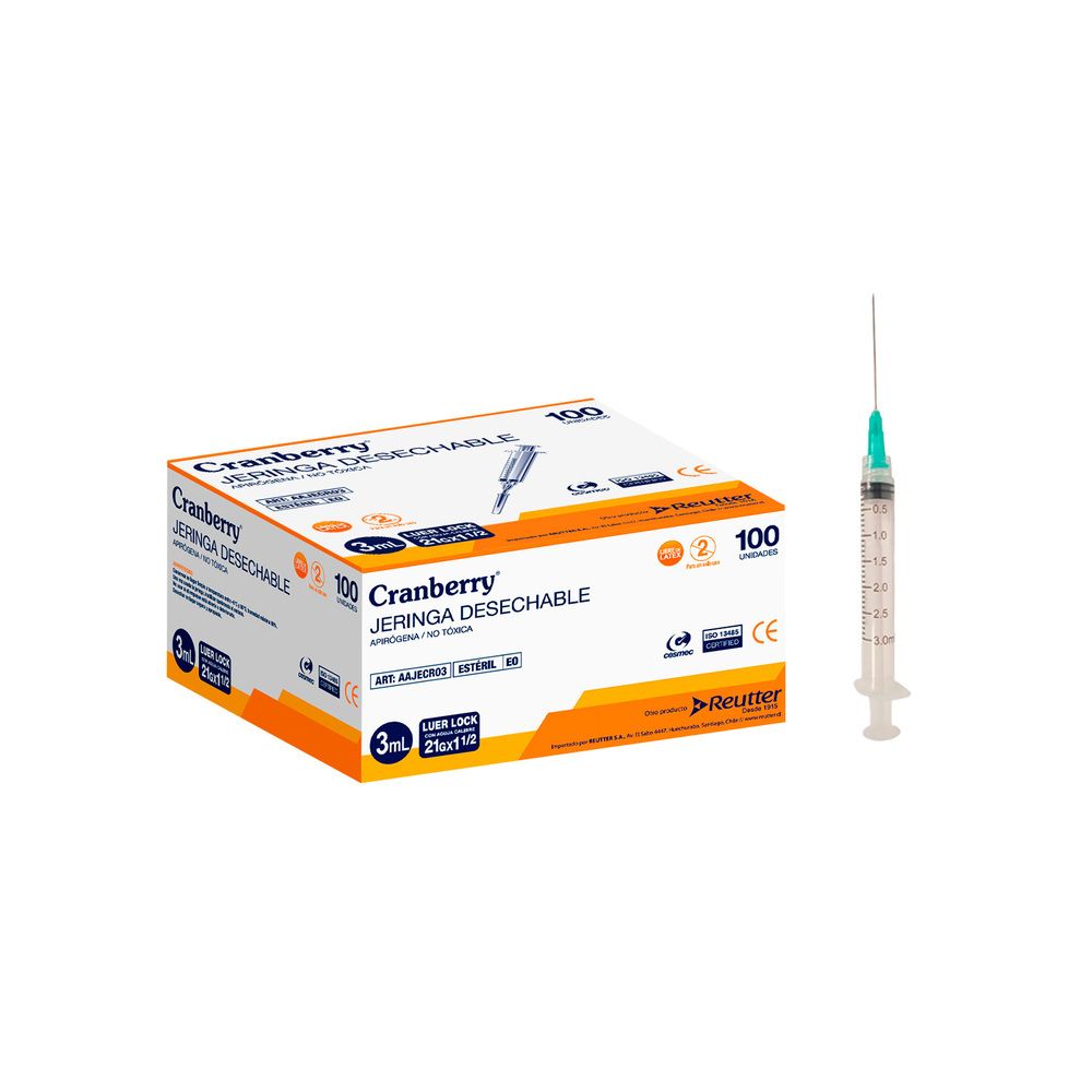 Jeringa desechable Luer Lock 3 mL, aguja 21Gx1/2, empaque