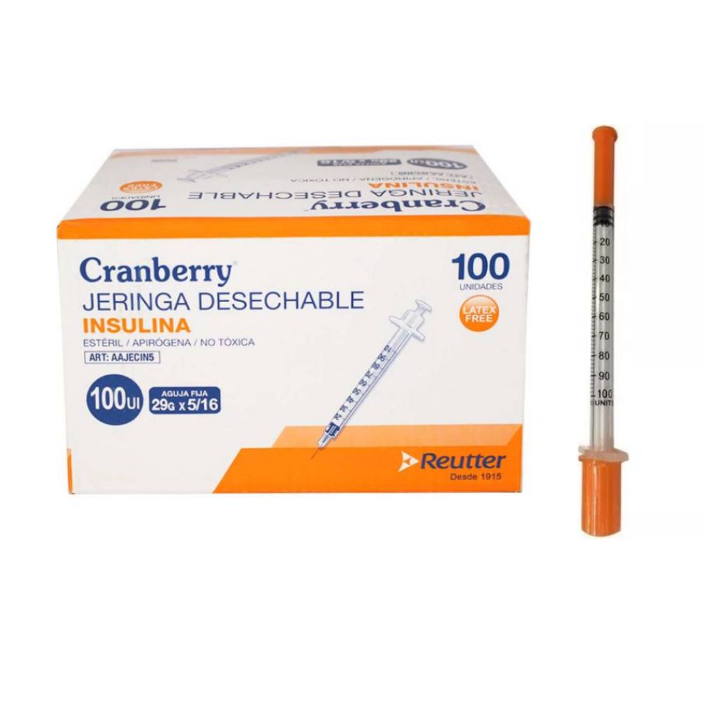 Caja de jeringa desechable de insulina 1 cc Cranberry, 29G x 5/16, 100 unidades