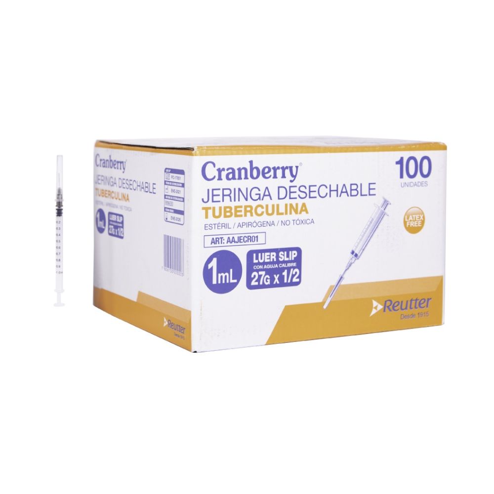 Jeringa desechable tuberculina 1 mL Cranberry, luer slip 27G x 1/2