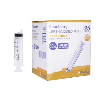 Jeringa desechable excéntrica Luer Slip en aguja, 60 ml; empaque 25 unidades