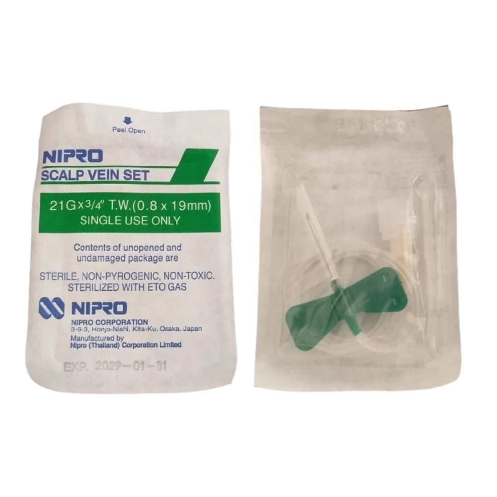 Mariposa Scalp Vein Nipro 21 g: set estéril para vena del cuero cabelludo, color verde