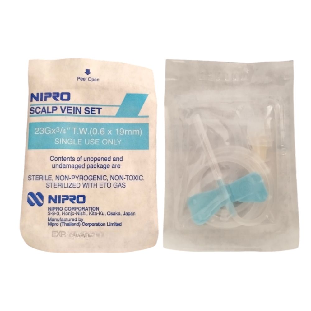 Mariposa Scalp Vein Nipro 23 g: set estéril para vena del cuero cabelludo, etiqueta azul